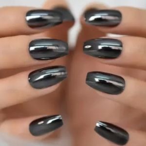 GUNMETAL CHROME COFFIN 💅NAILS glue on, press on FREE SALON QUALITY GLUE ✨️